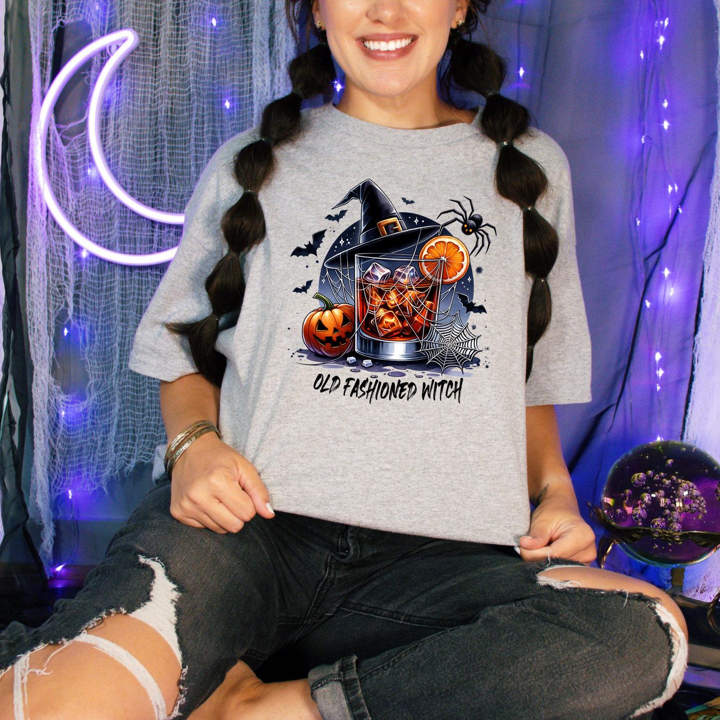 Wholesale Old Fashioned Witch Graphic Tee - Grey Tee