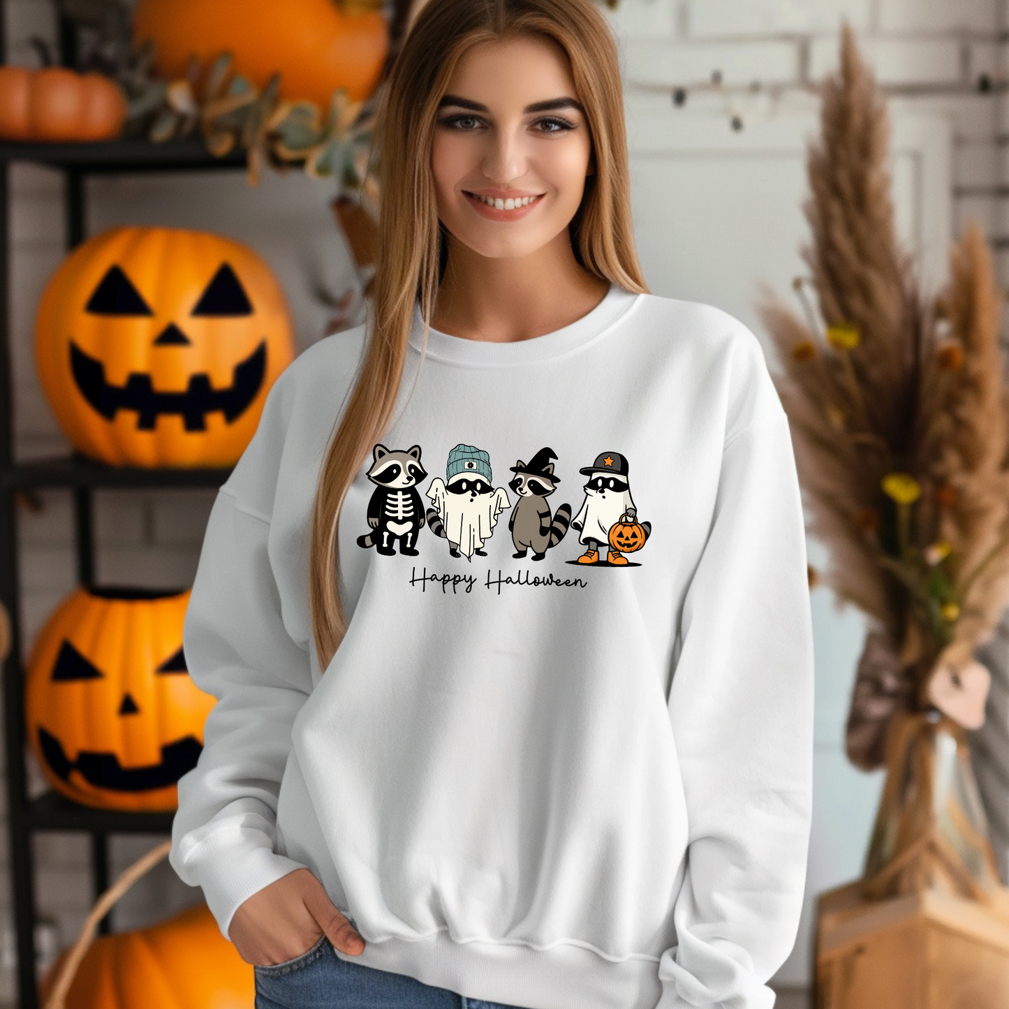 Wholesale Racoon Halloween Graphic Tee or Sweatshirt - White Sweatshirt