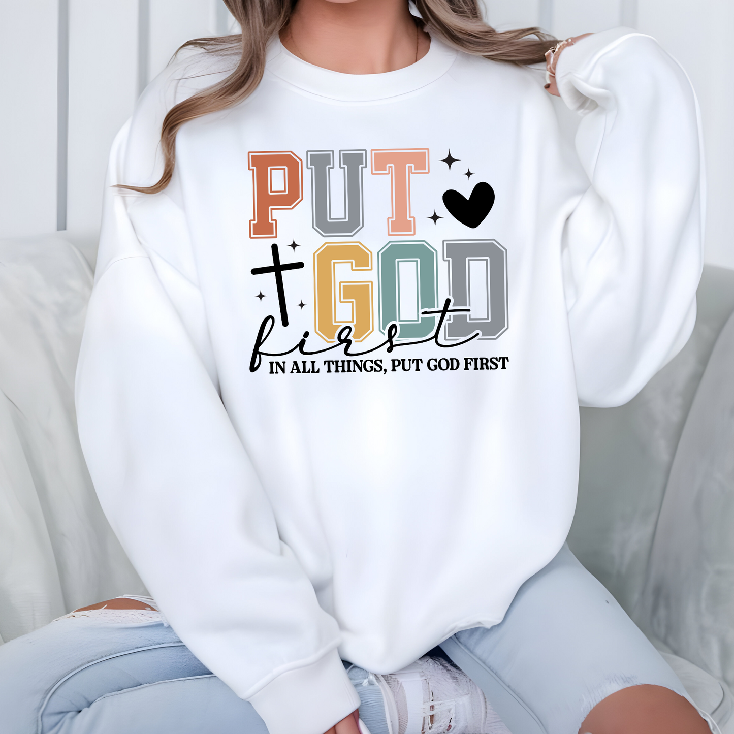 Wholesale Put God First Sweatshirt - White Sweatshirt