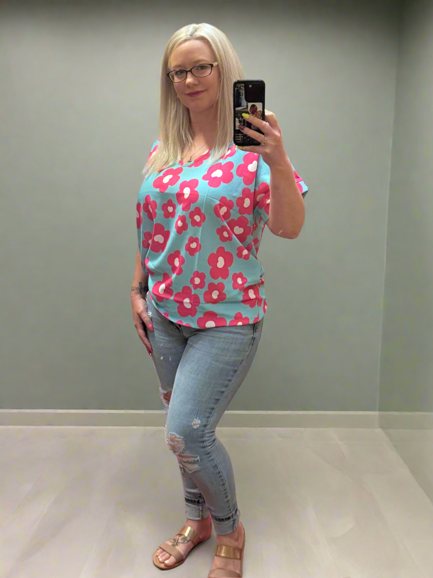 Spring Vibes Blue & Pink Floral Print V Neck Short Sleeve Top