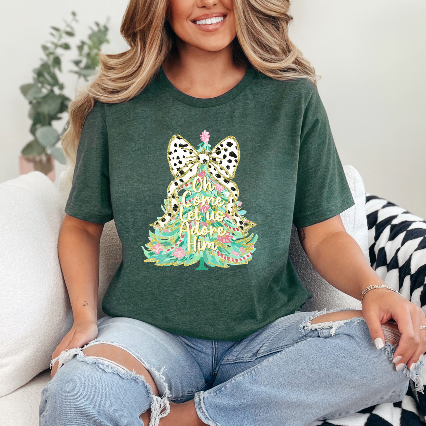 Wholesale Let us Adore Him Bow Graphic Tee - Heather Forest Tee