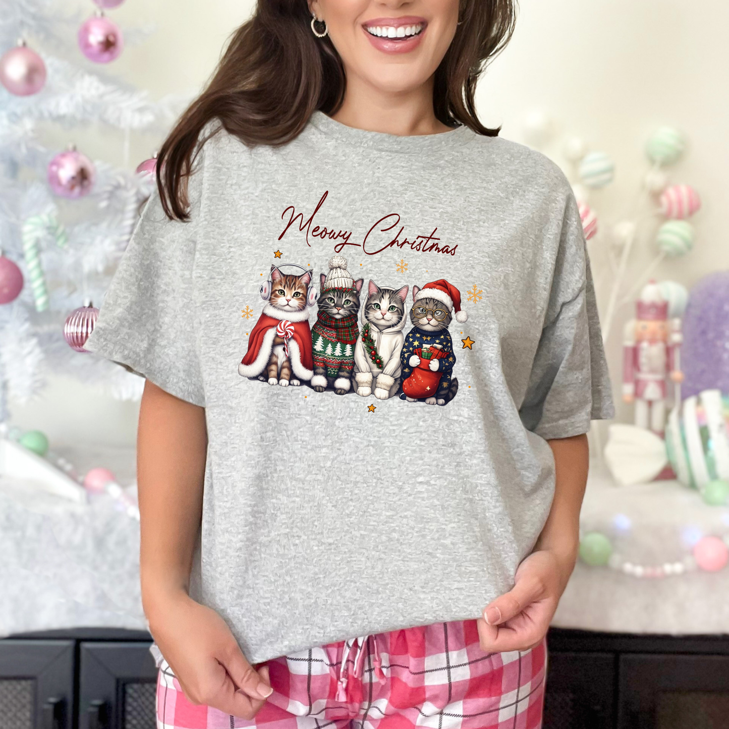 Wholesale Merry Christmas Cats Graphic Tee - Grey Tee