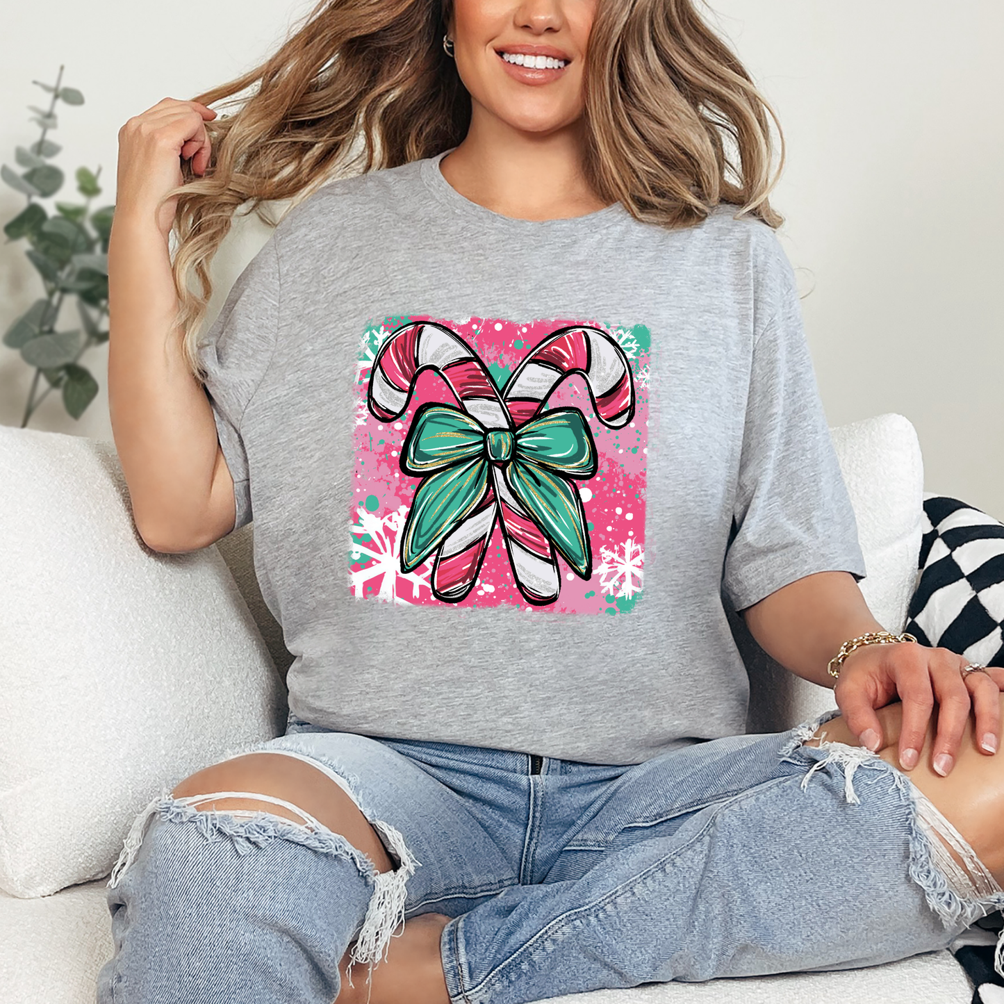 Wholesale Colorful Candy Cane Graphic Tee - Grey Tee