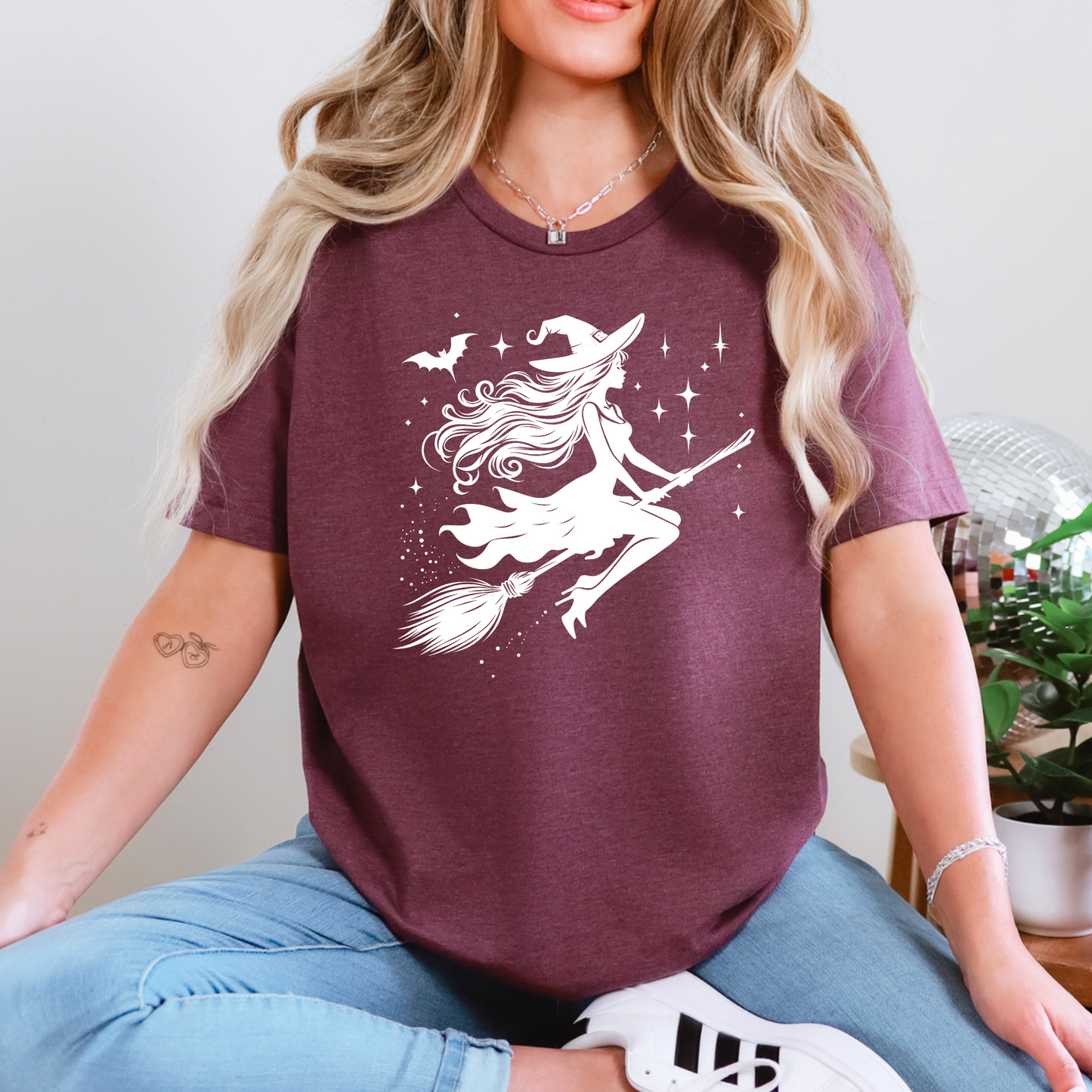 Wholesale Witch on Broom Graphic Tee - Heather Maroon Tee