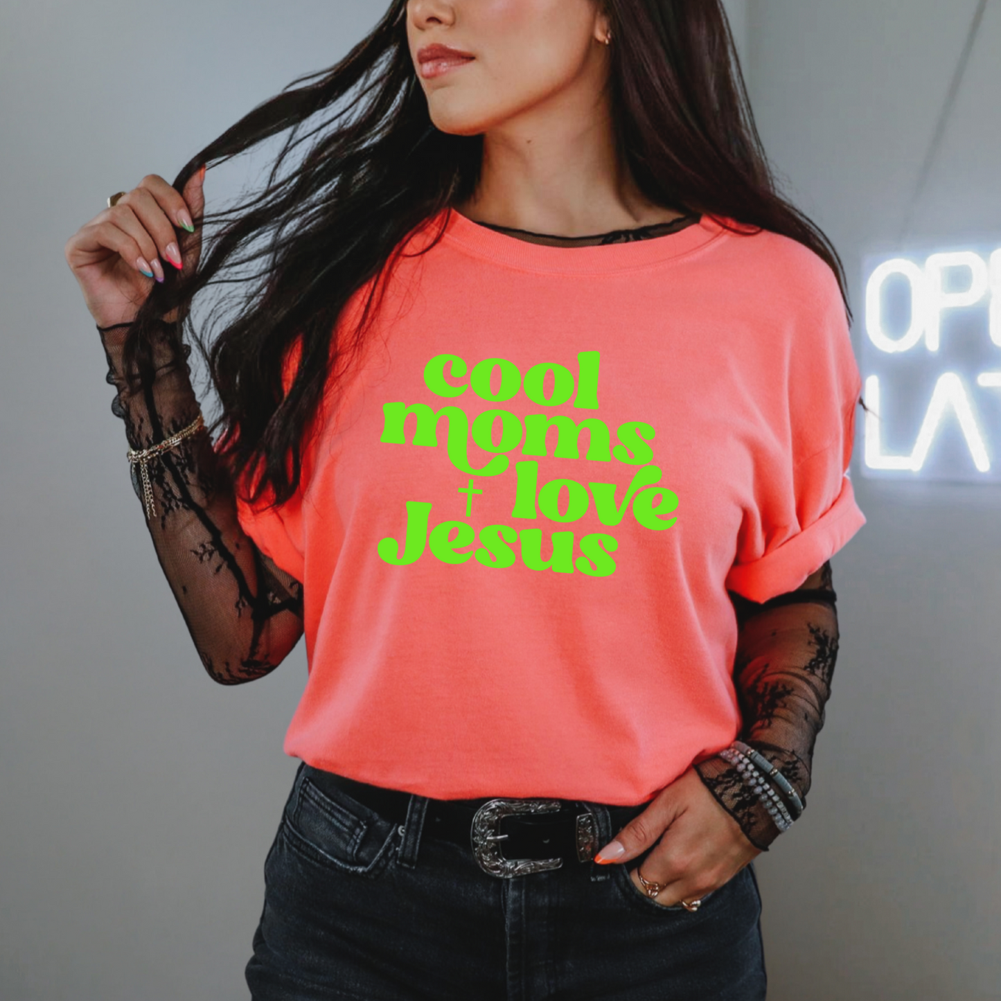 Wholesale Cool moms love Jesus Graphic Tee - CC Neon Red Orange Tee