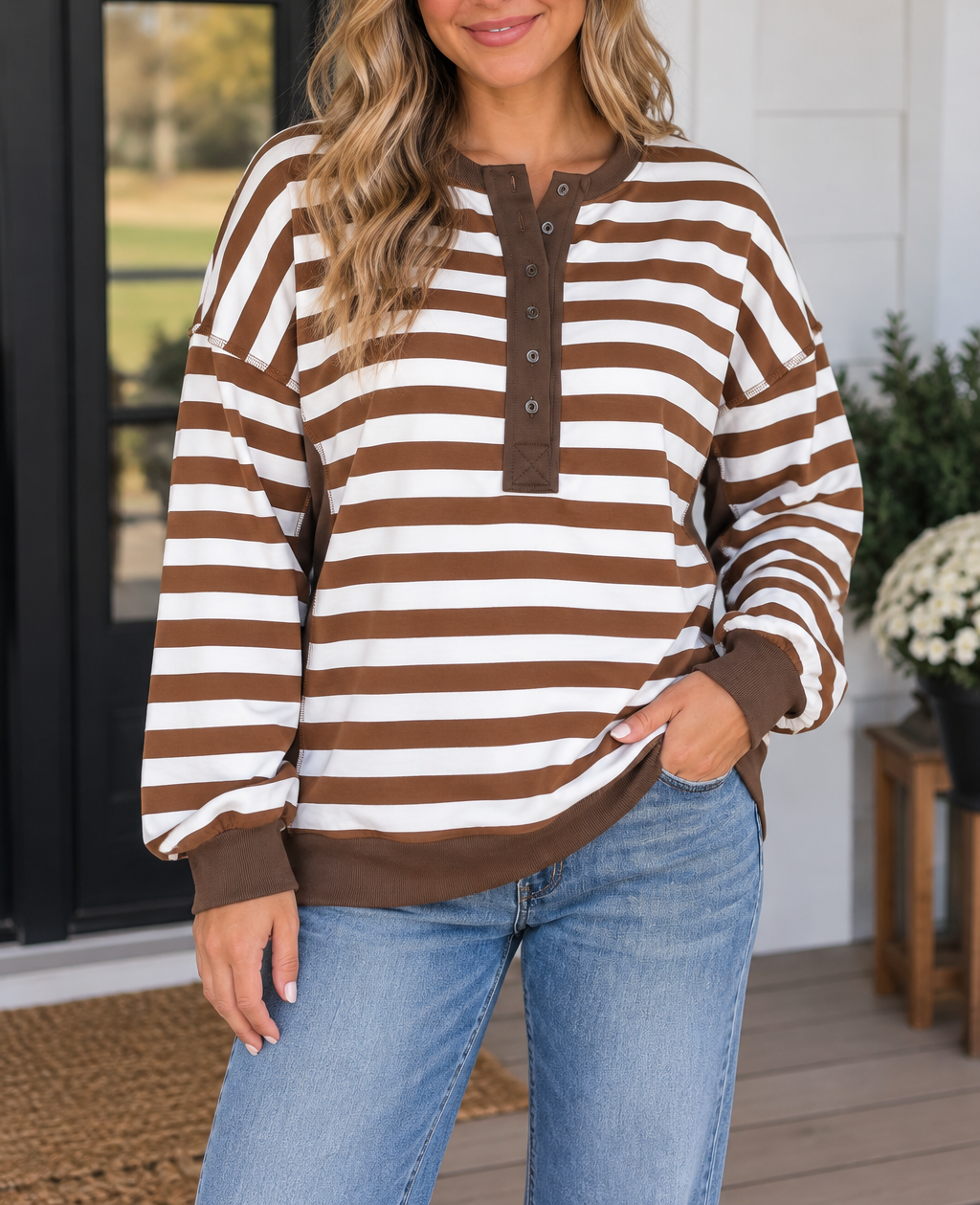 Coffee & Cream Striped Top — Plus