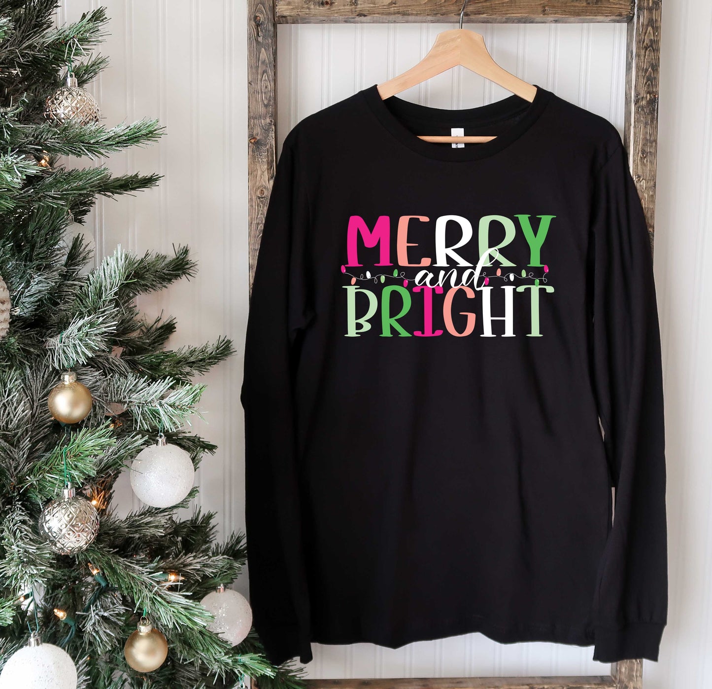 Wholesale Merry & Bright Long Sleeve Graphic Tee - Black