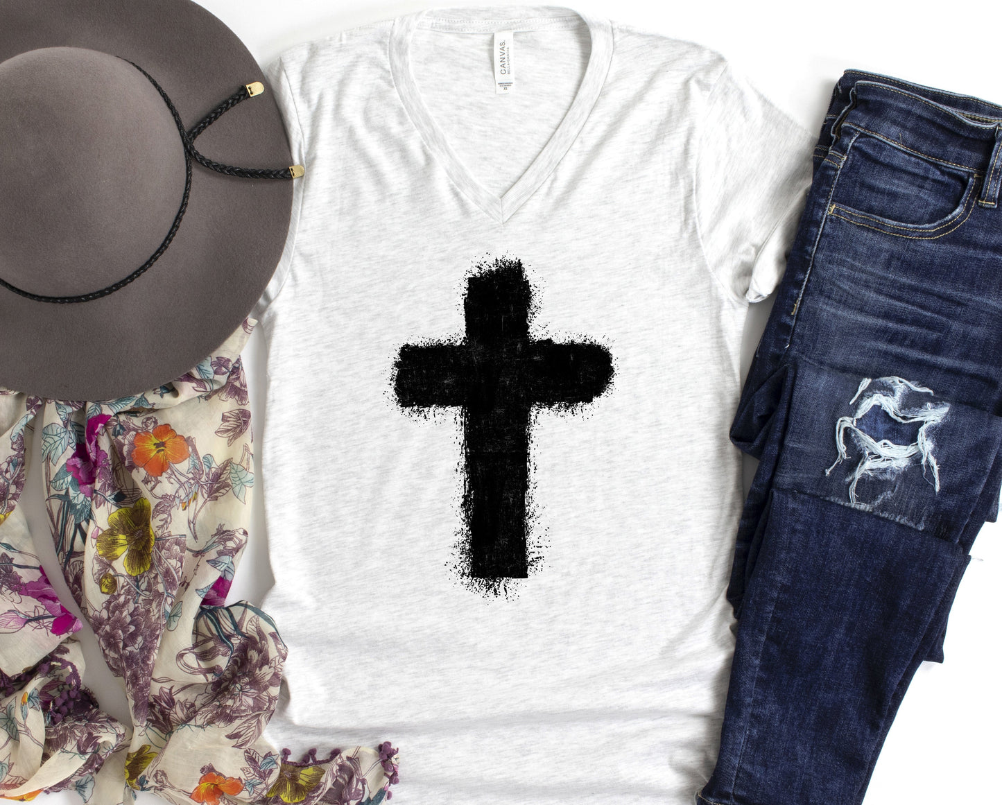 Wholesale Distressed Cross Graphic Tee - Ash V-neck