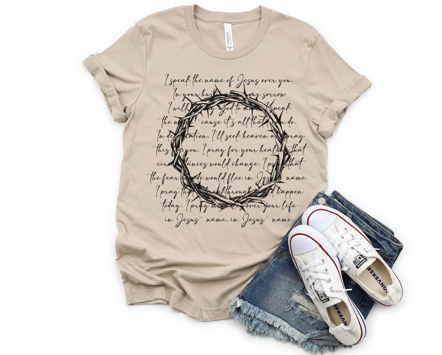 Wholesale I Speak the Name of Jesus Graphic Tee - Tan