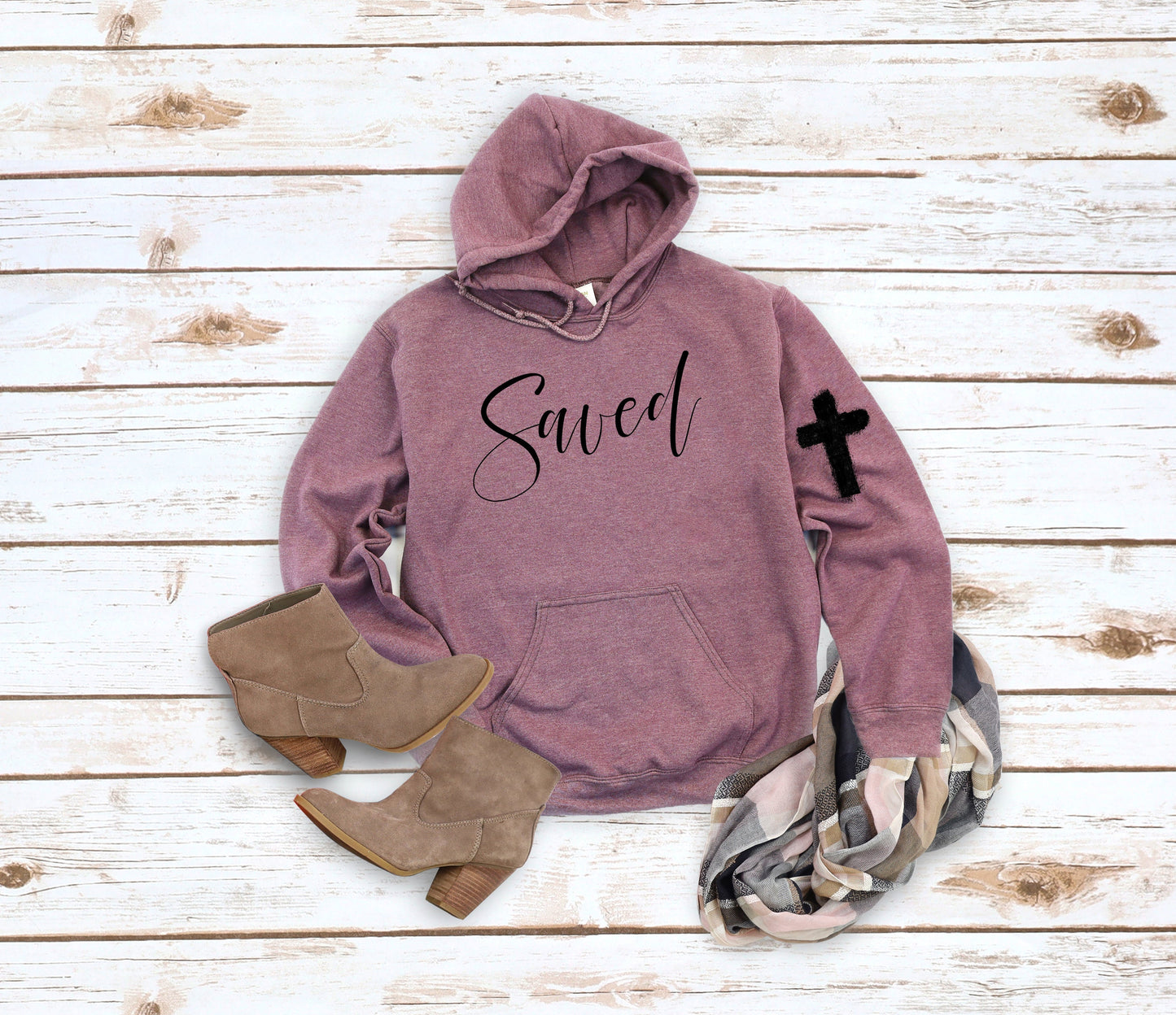 Wholesale Saved Hoodie - print on front and sleeve - Heather Maroon Hoodie