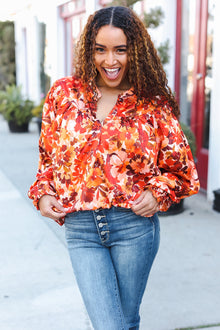  Fall Vibes Rust Floral Print Notched Neck Smocked Satin Top