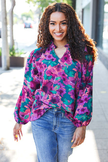  Beautiful You Hunter Green Watercolor Floral Print Notch Neck Top