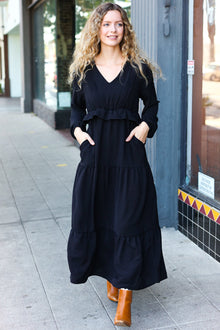  Beautiful You Black Pintuck Detail Frill V Neck Maxi Dress