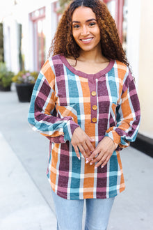  Adorable In Plaid French Terry Henley Pocket Top