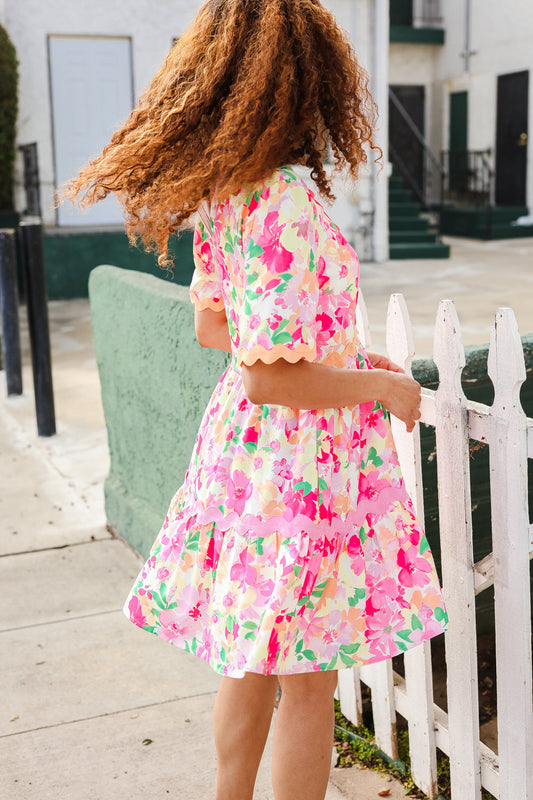 Beautiful You Rose Floral Print Ric Rack Trim Babydoll Dress