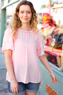 Spread Joy Blush Mock Neck Embroidered Woven Top