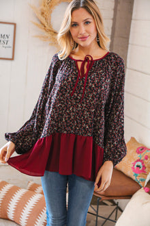  Wine Ditzy Floral Front Tie Ruffle Hem Top
