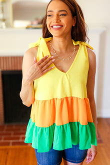  Yellow & Tangerine Tiered Shoulder Tie Crepe Top