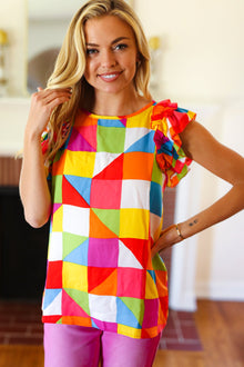  You Got This Red Geometric Print Double Ruffle Sleeve Top
