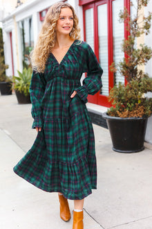  All I Want Hunter Green Plaid Elastic V Neck Tiered Maxi Dress