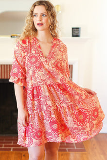  All You Need Peach & Coral Boho Floral V Neck Dress
