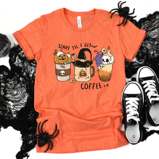 Wholesale Scary Coffee Graphic Tee - Heather Orange Tee