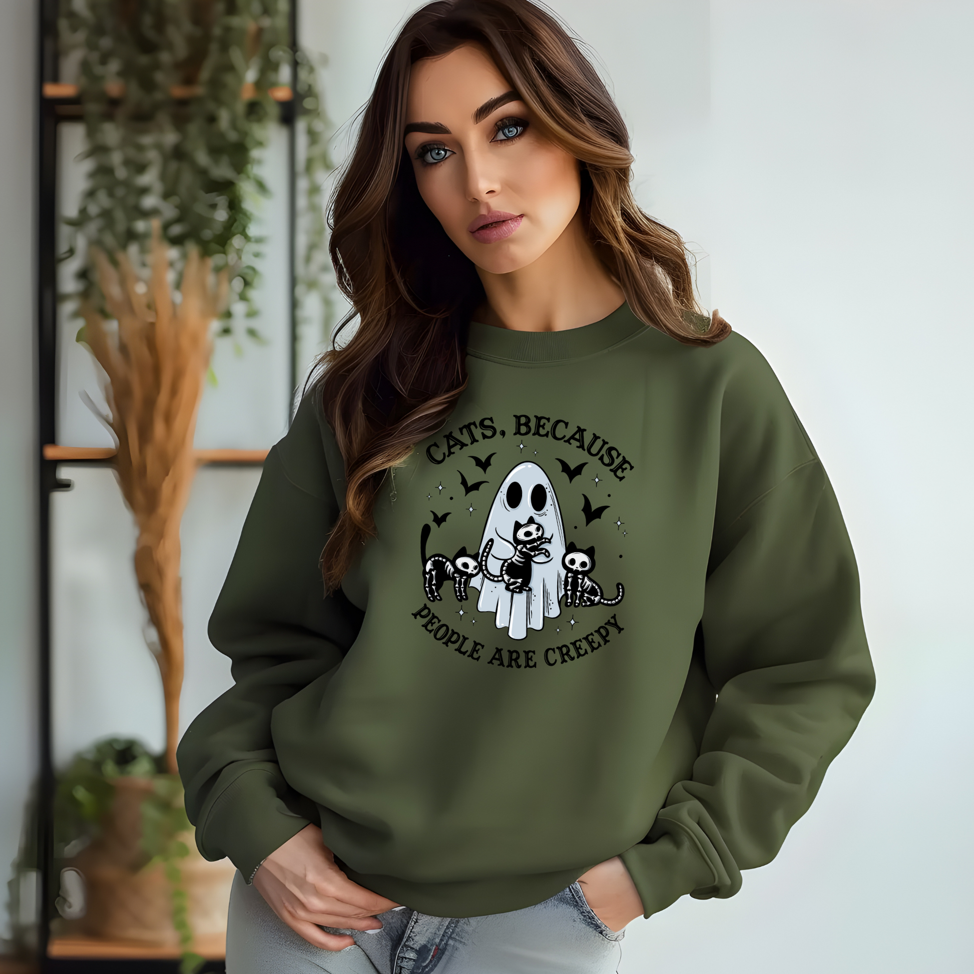 Wholesale Cats People are creepy - Military Green Sweatshirt
