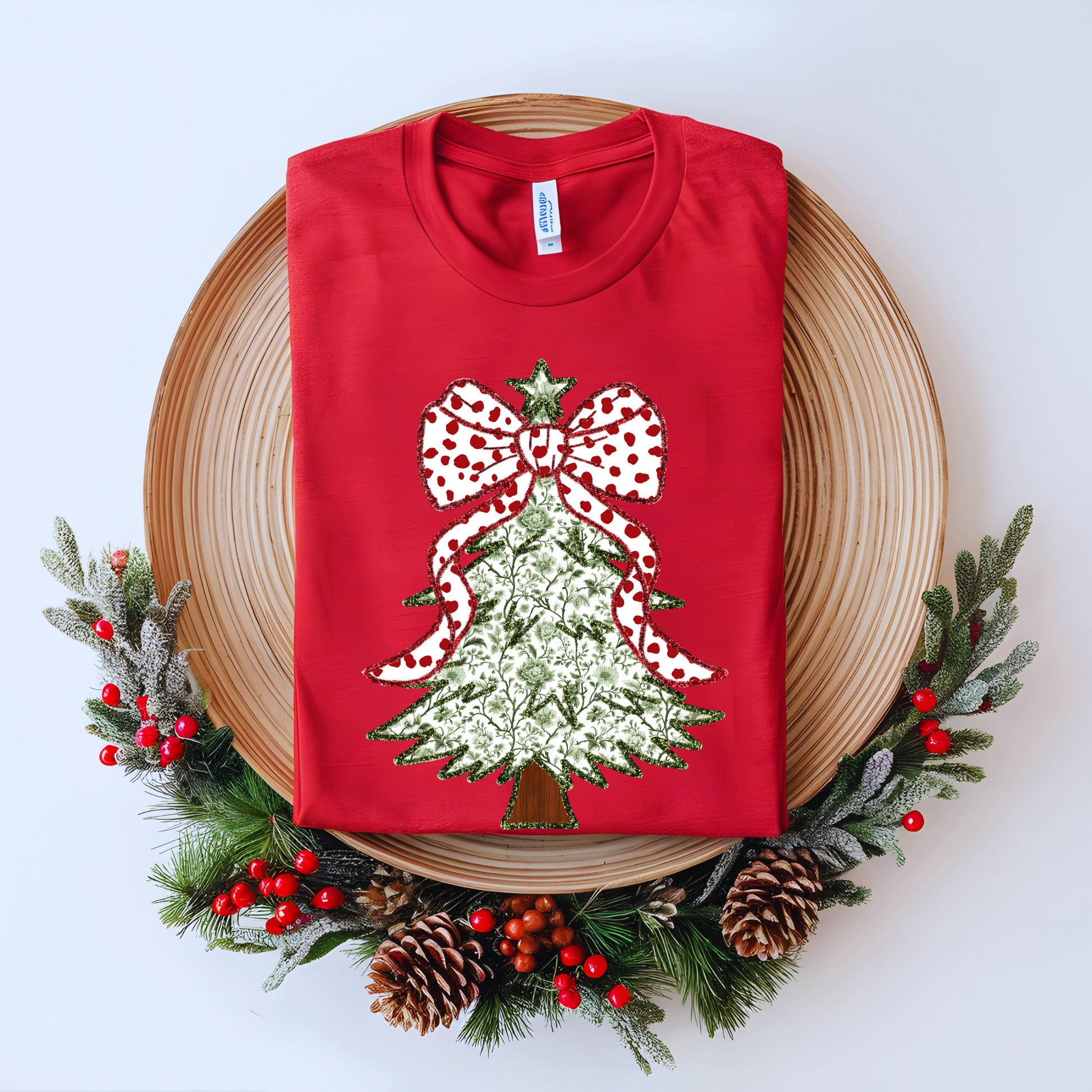 Wholesale Green Christmas Tree Coquette Graphic Tee - Red Tee