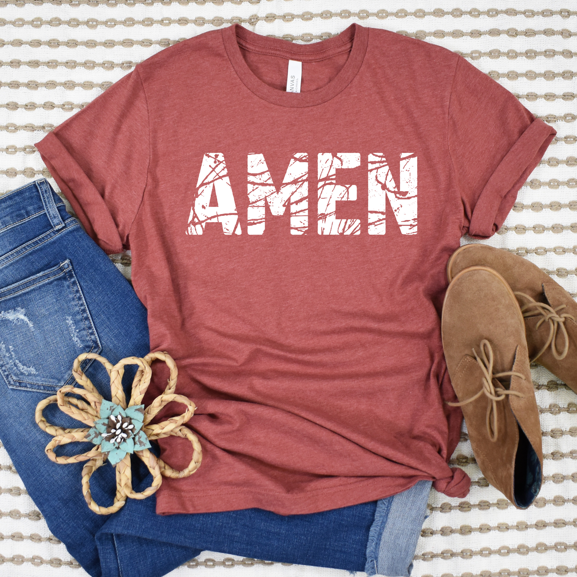 Wholesale Amen Distressed Graphic Tee - Heather Clay Tee