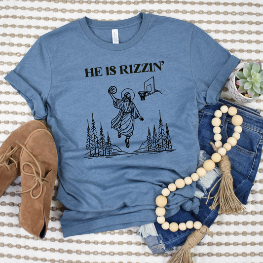 Wholesale He is Rizzin Graphic Tee - Heather Denim Tee