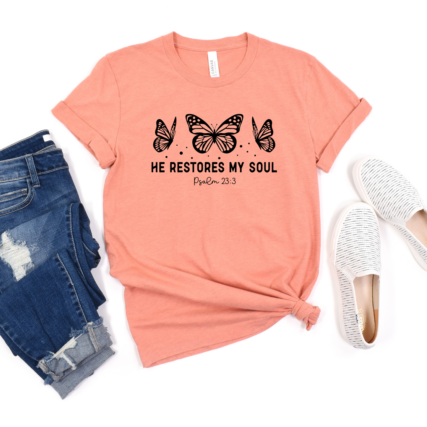 Wholesale He restores my soul Graphic Tee - Heather Prism Sunset Tee