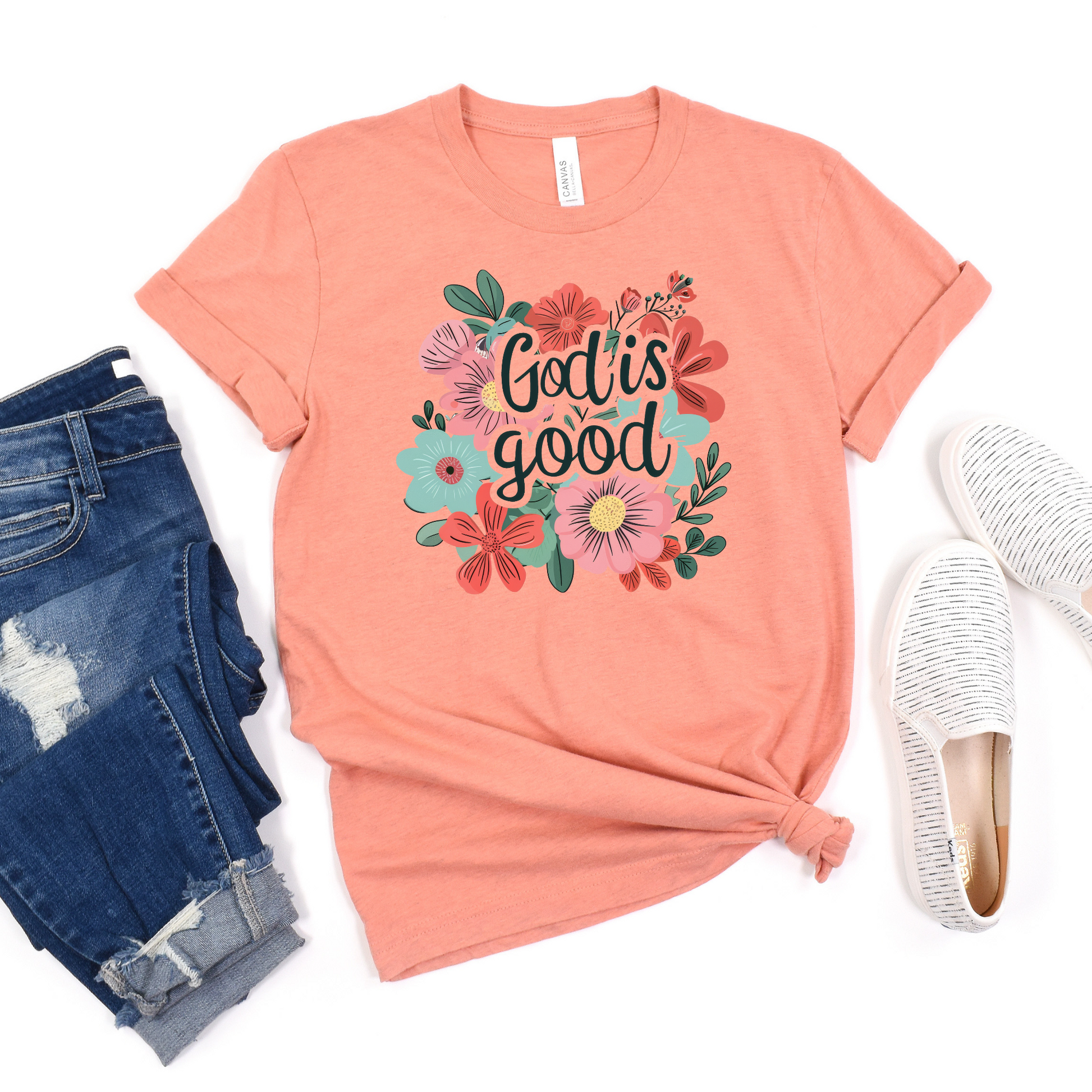 Wholesale Floral God is Good Graphic Tee - Sand Tee