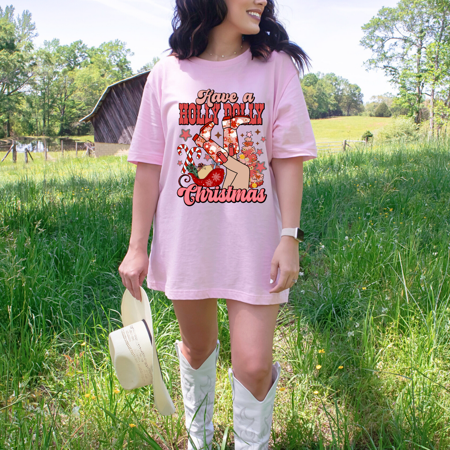 Wholesale Holly Dolly Christmas Boots Graphic Tee - Pink Sweatshirt