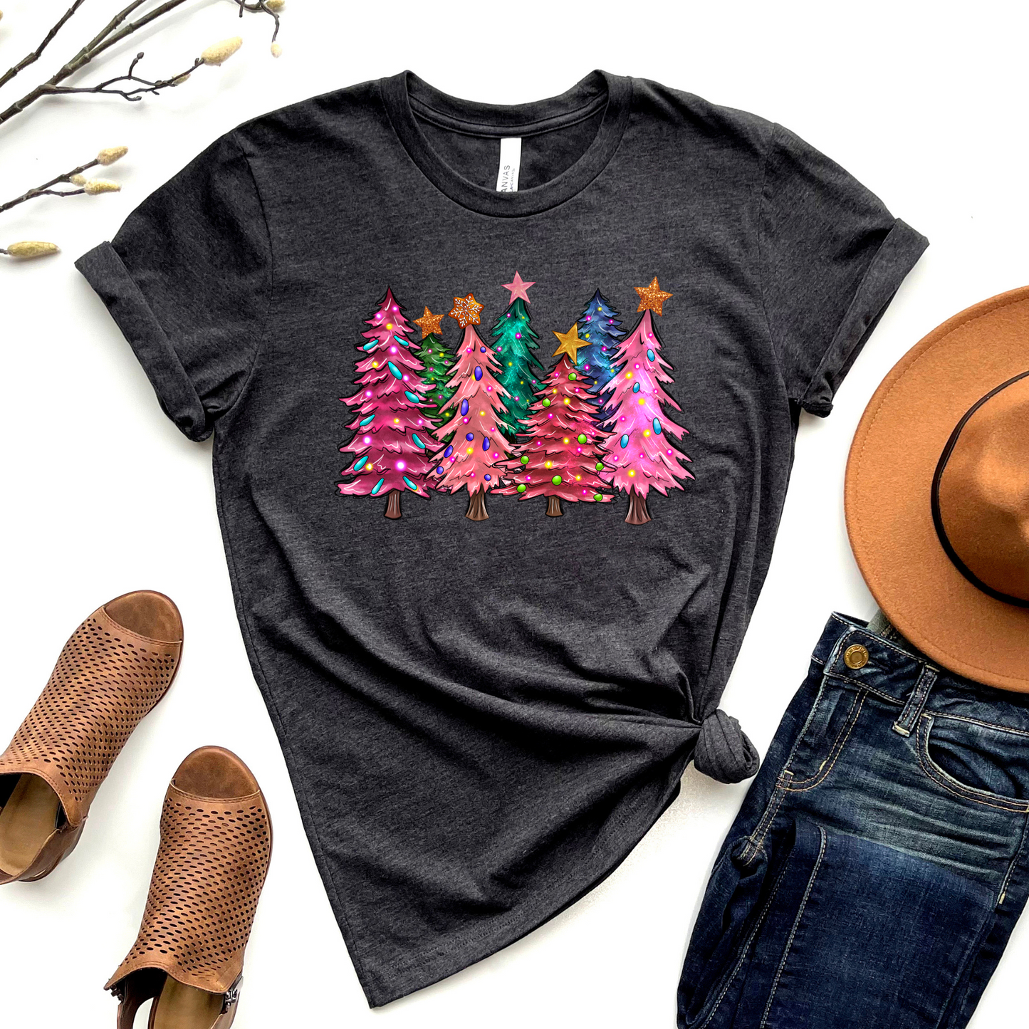 Wholesale Pink Christmas Graphic Tee - Heather Charcoal Tee
