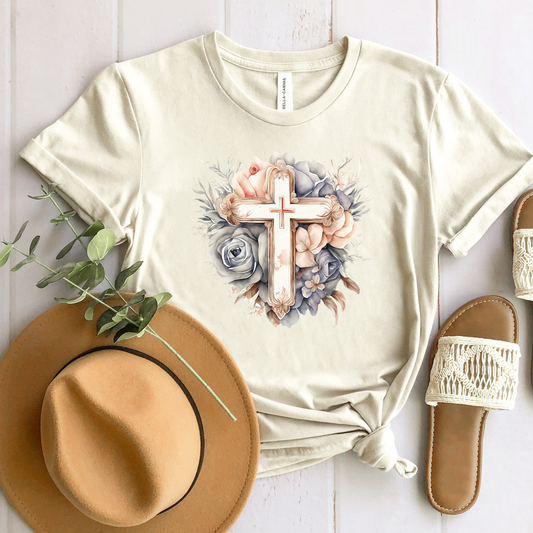 Wholesale Floral Cross Graphic Tee - Pink Tee