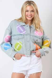  Football Towel & Sequin Embroidery Denim Jacket