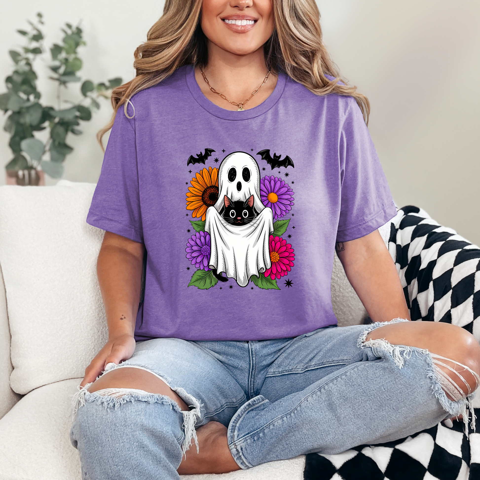 Wholesale Cat and Ghost Graphic Tee - Heather Team Purple Tee