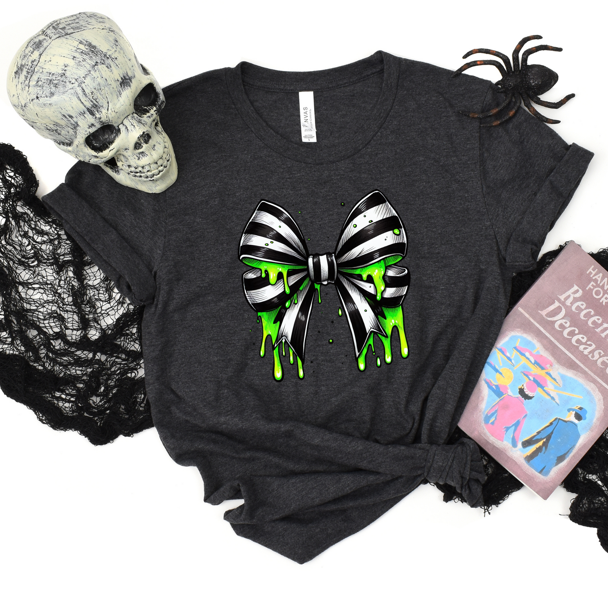 Wholesale Spooky Slime Bow Graphic Tee - Heather Charcoal Tee