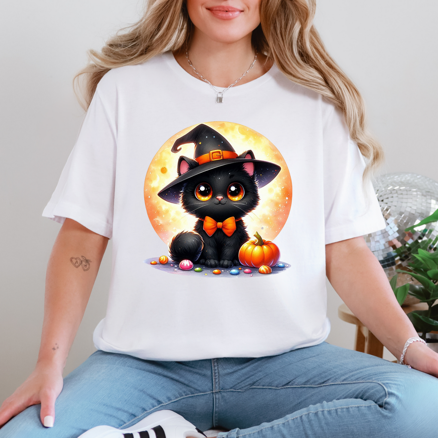 Wholesale Cat with Moon Graphic Tee - White Tee