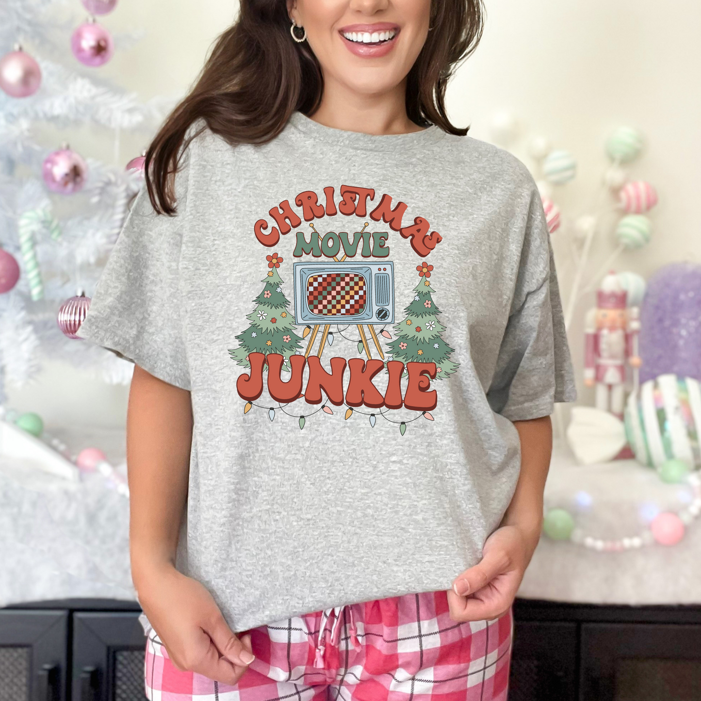 Wholesale Retro Christmas Movie Junkie Graphic Tee - Sport Grey Tee