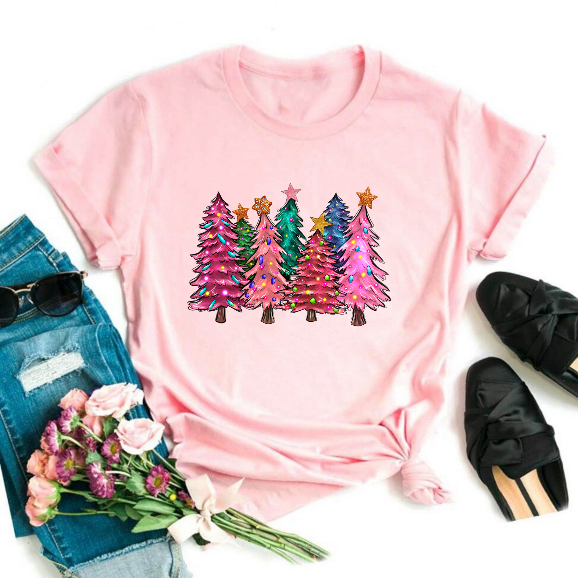 Wholesale Pink Christmas Graphic Tee - Black Tee