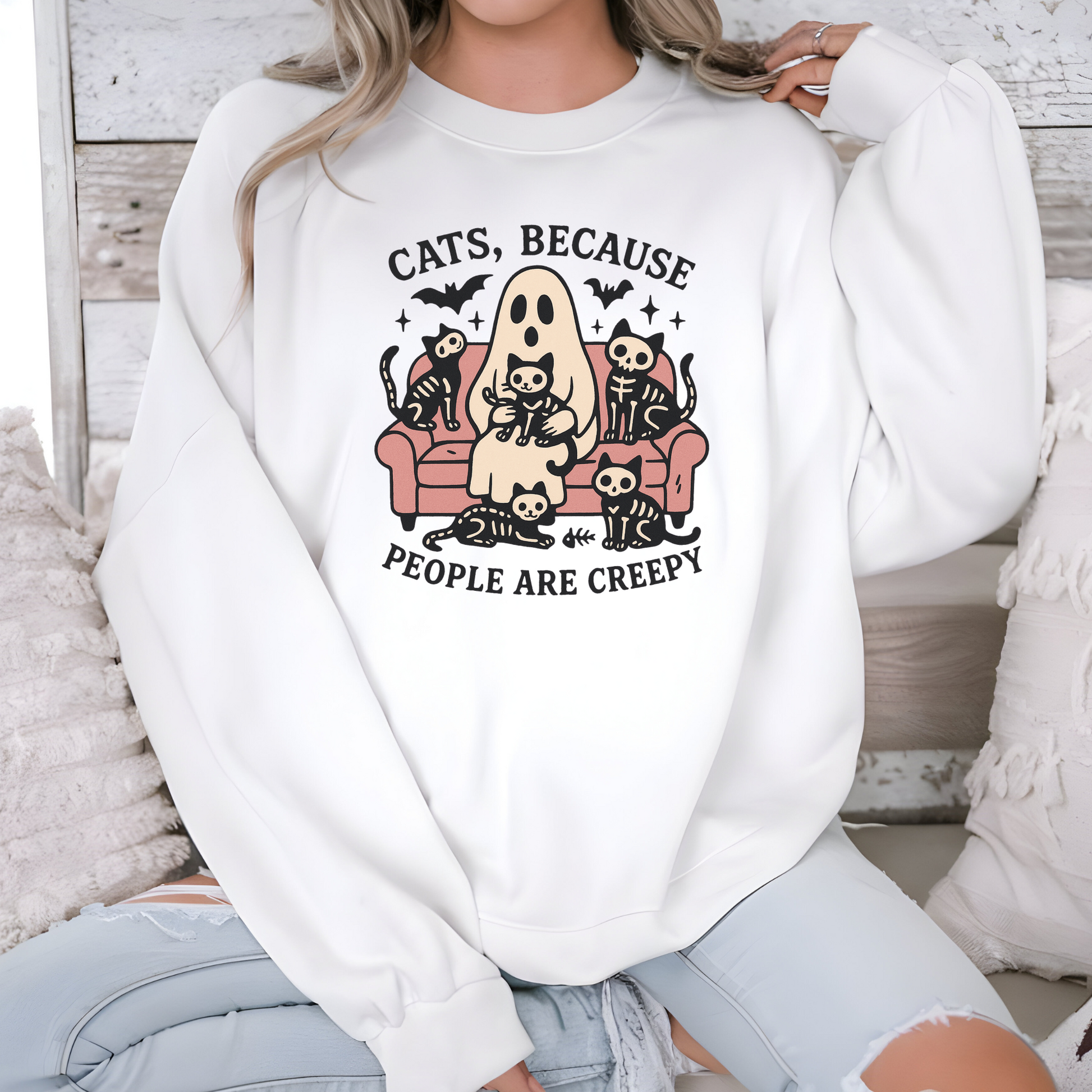Wholesale Cats, Because People are Creepy Graphic Tee or Sweatshirt - White Sweatshirt