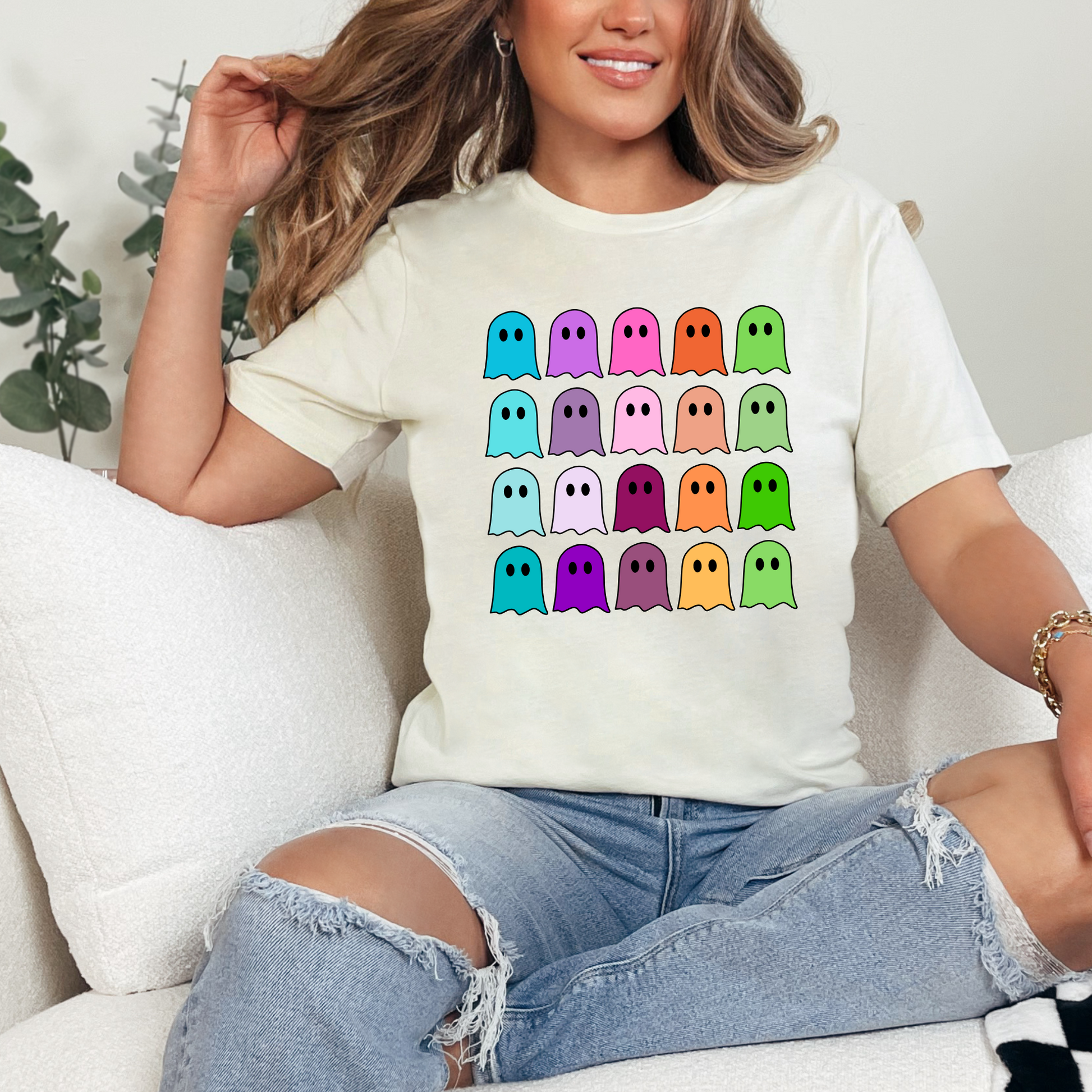 Wholesale Colorful Ghosts Graphic Tee - Natural Tee