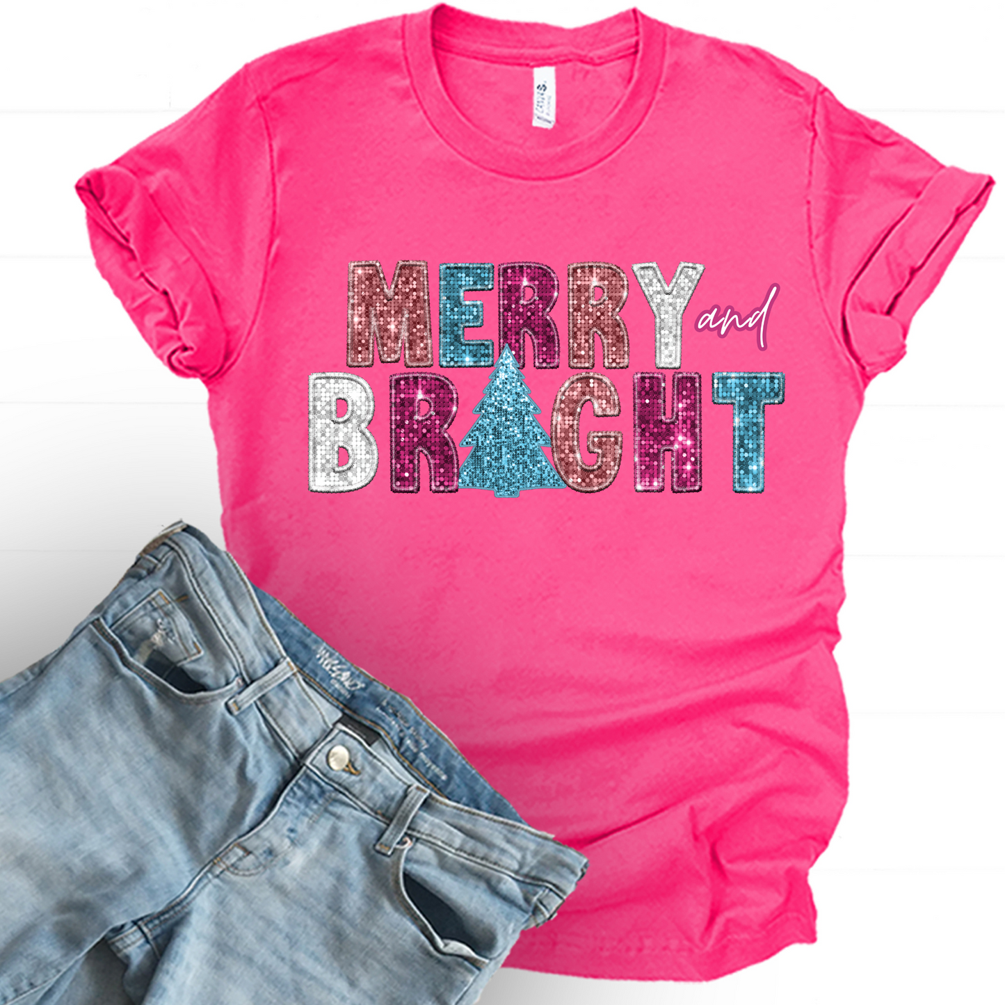 Wholesale Merry and Bright Bling Graphic Tee - Fuchsia Tee