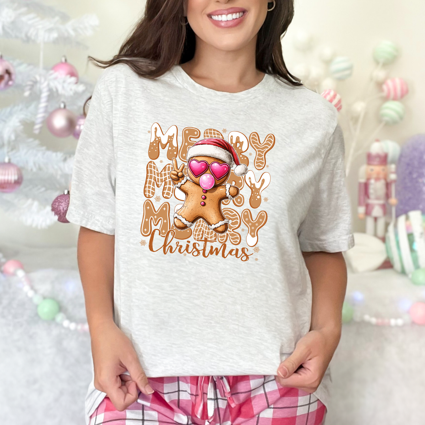 Wholesale Merry Christmas Gingerbread Graphic Tee - Ash Tee