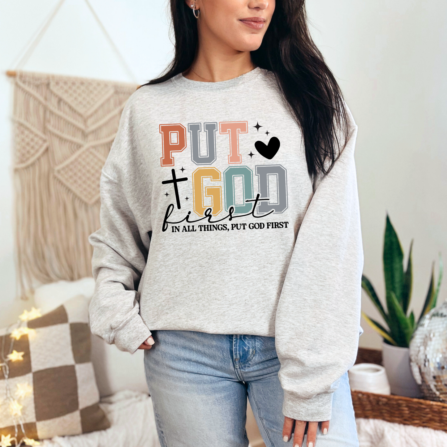 Wholesale Put God First Sweatshirt - Ash Sweatshirt