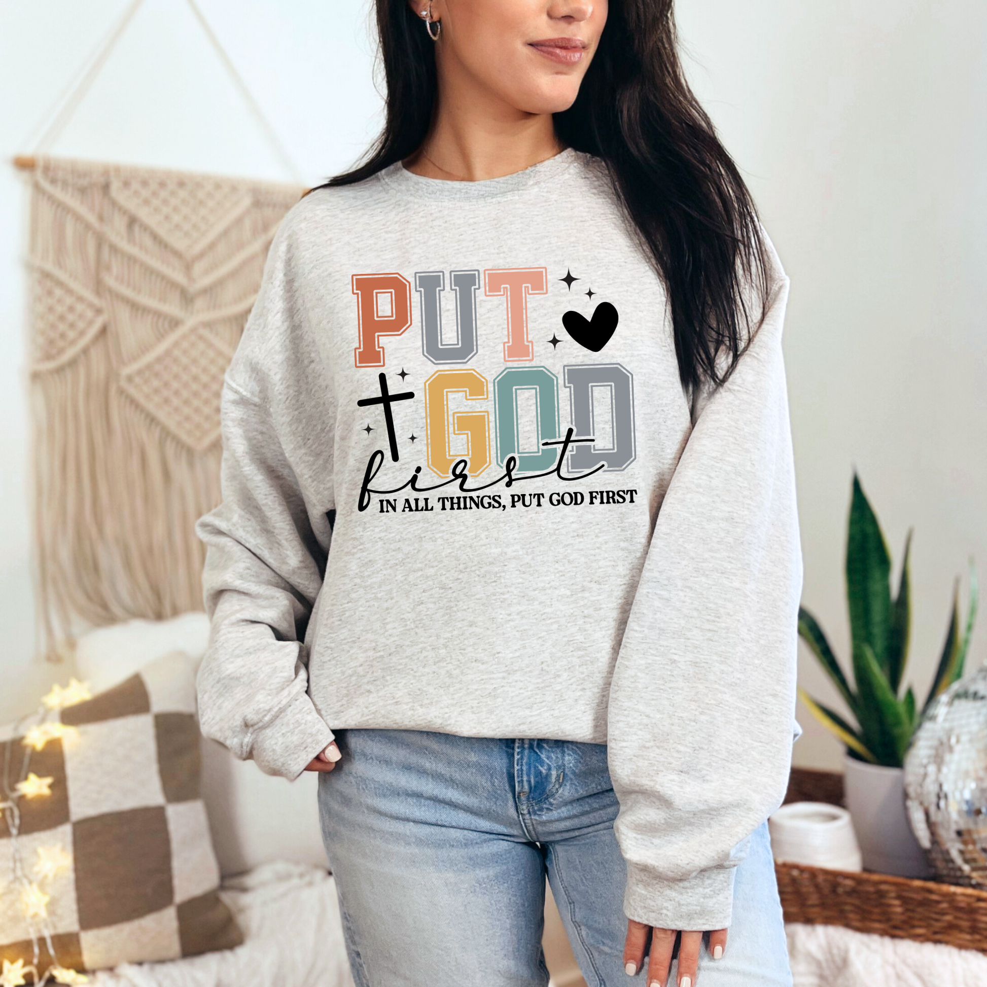 Wholesale Put God First Sweatshirt - Ash Sweatshirt