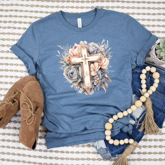 Wholesale Floral Cross Graphic Tee - Heather Slate Tee