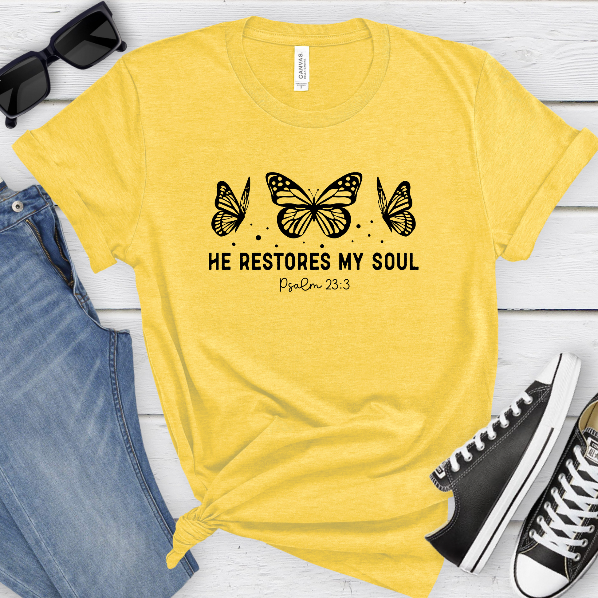 Wholesale He restores my soul Graphic Tee - Heather Yellow Tee