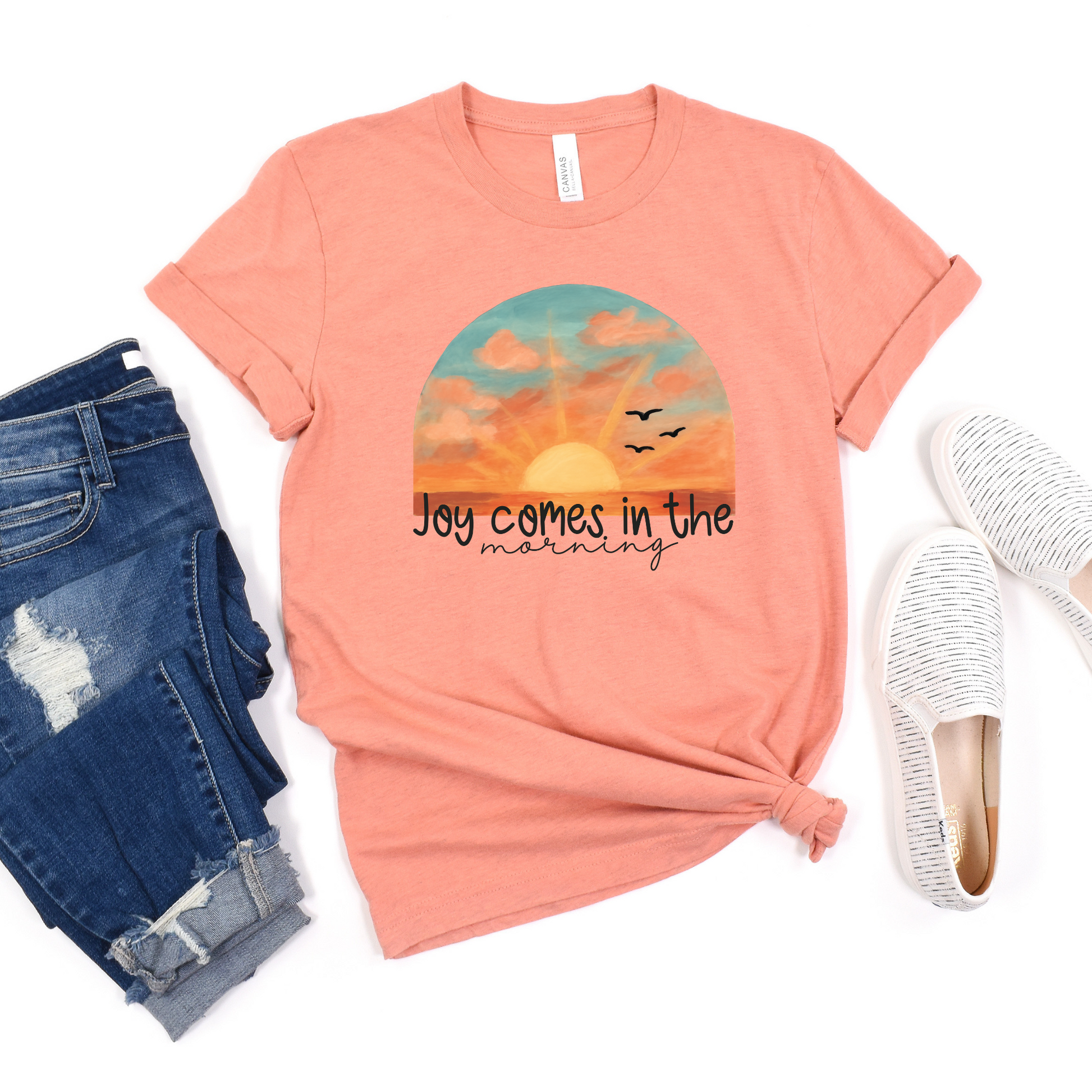 Wholesale Joy comes in the morning Graphic Tee - Heather Sunset Tee